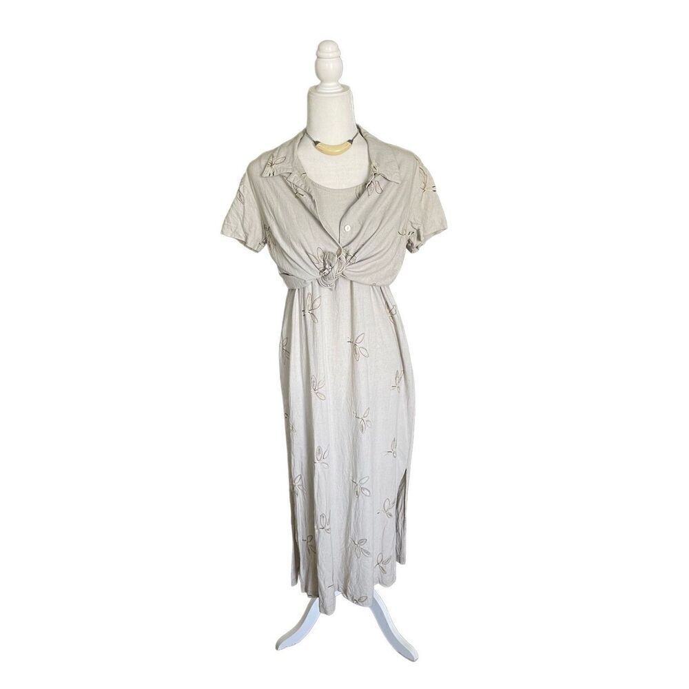 Vintage 90s Jane Ashley linen embroidered beige, maxi dress, and button-down top